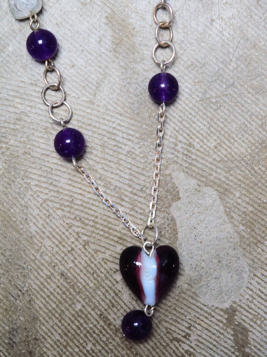 Heart Pendant Amethyst and Quartz on Silver Chain Necklace by JANI