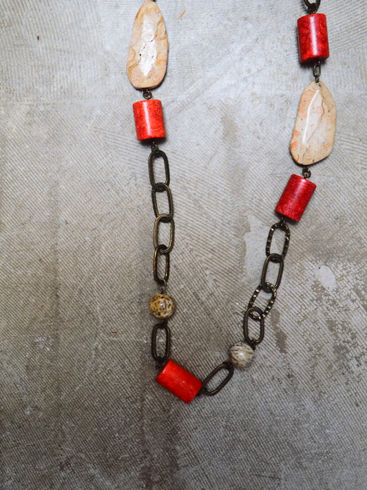 Coral Dust and Jasper on Metal Chain Necklace by JANI