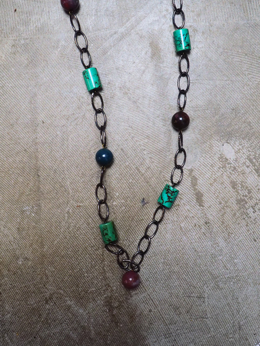 Turquoise and Mixed Agate on Metal Chain Necklace by JANI