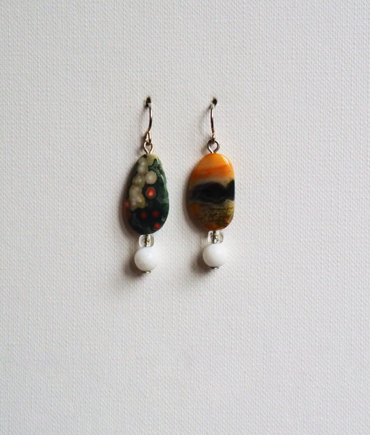 Shapes of Agate, White Jade and Silver Earrings by JANI