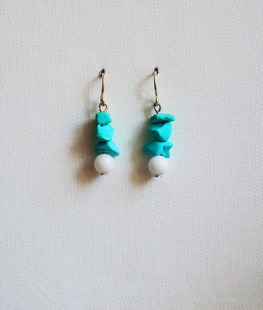 Turquoise tone Chip, White Jade and Silver Earrings by JANI