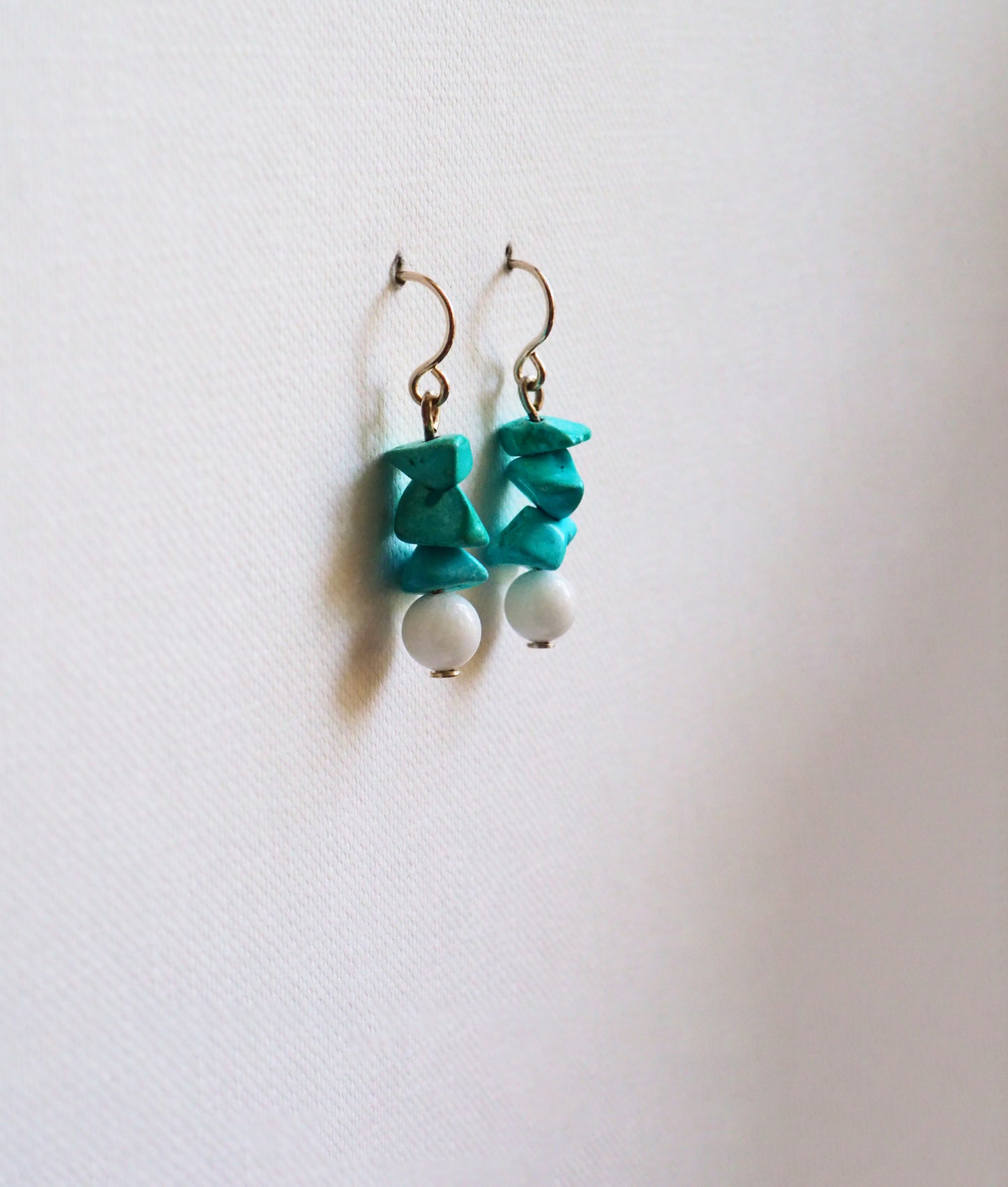 Turquoise tone Chip, White Jade and Silver Earrings by JANI