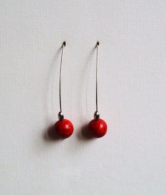 Coral Dust Beads and Silver Drop Earrings by JANI